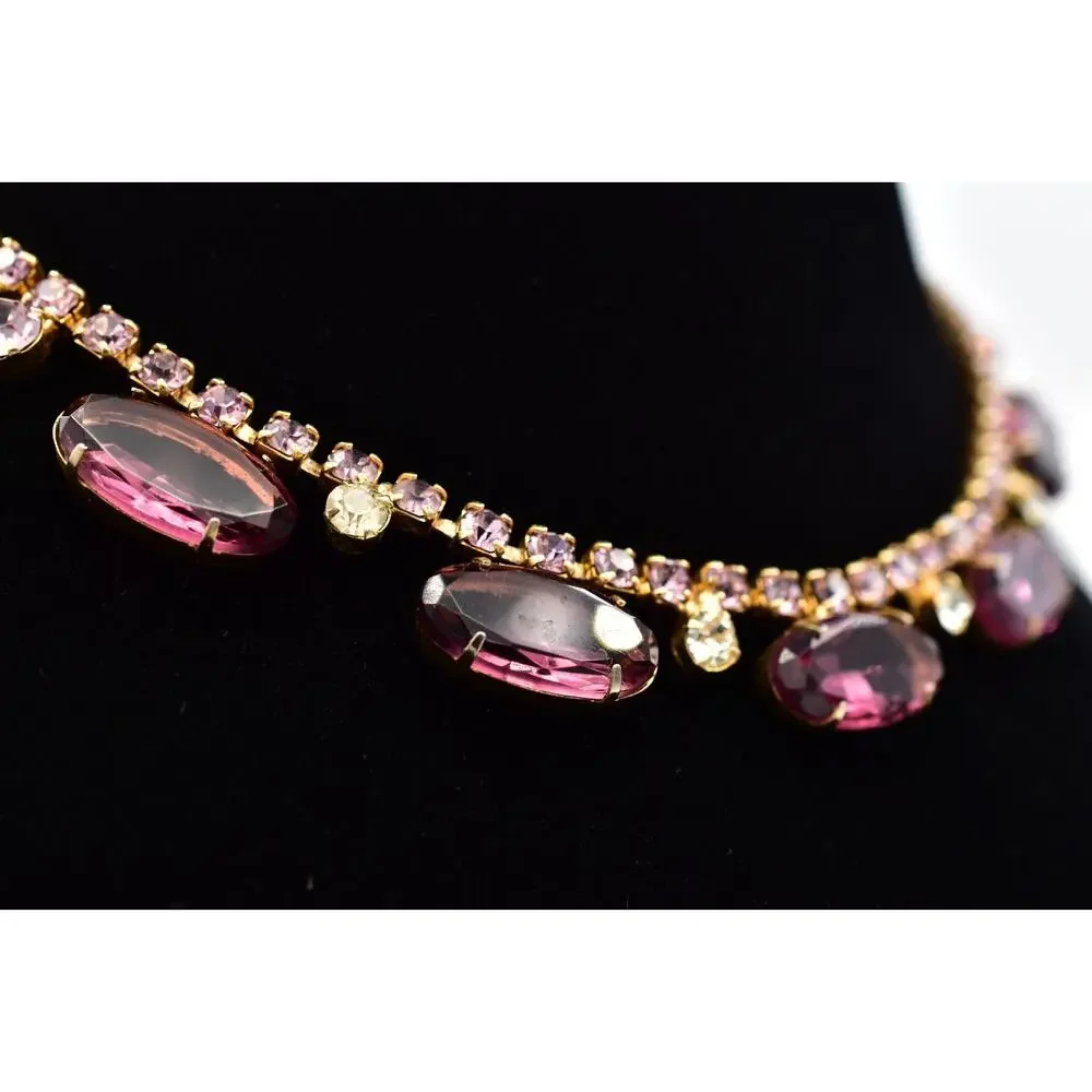 Vintage Purple Rhinestone Bezel Prong Crystal Choker Necklace Collar Gold 60s 9J